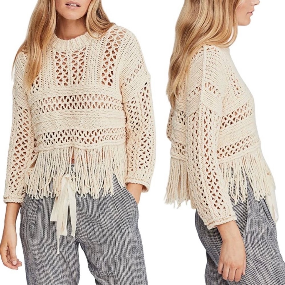 Free People Higher Love Crochet Knit‎ Fringe Boho Sweater Size Medium Hippie
